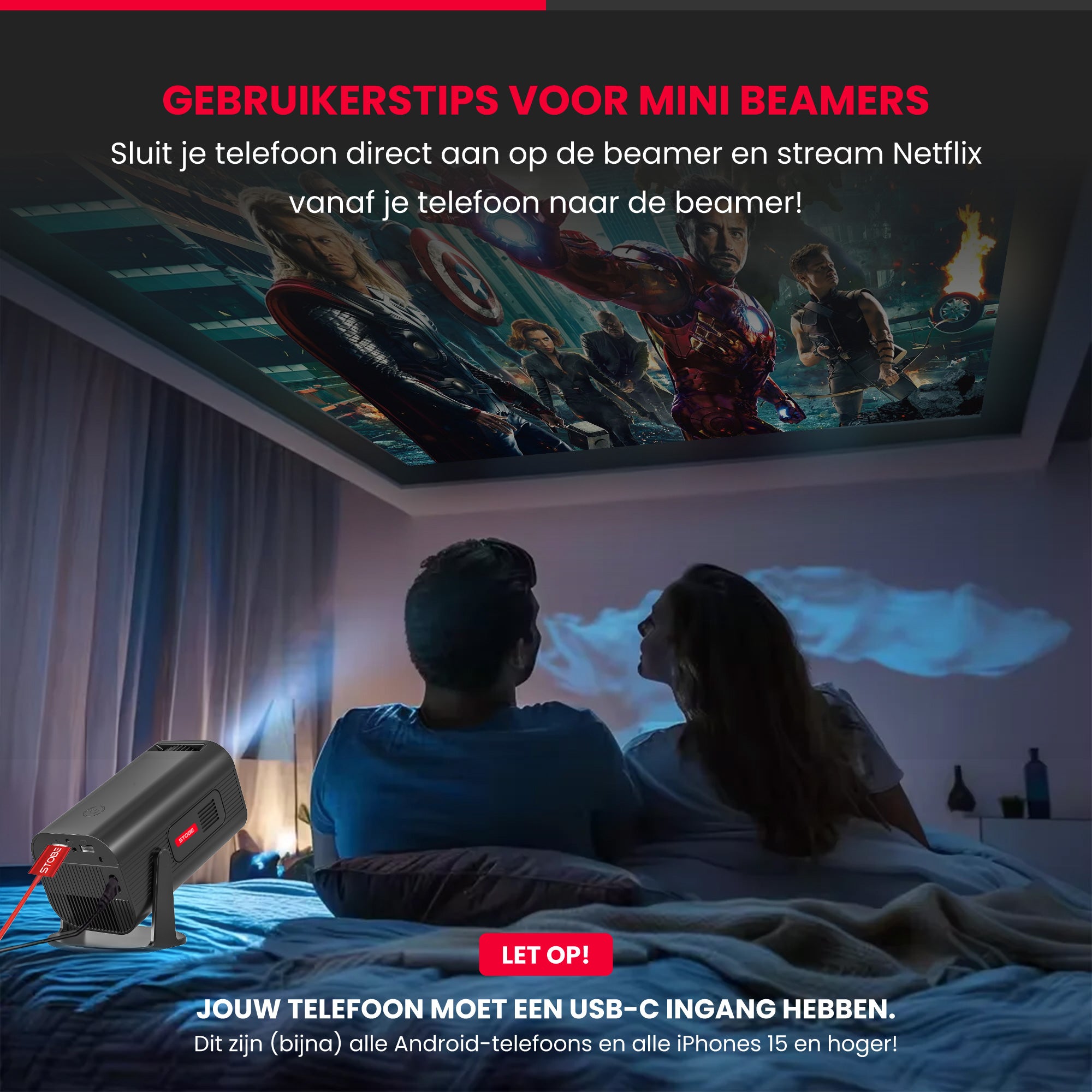 USB-C-naar-hdmi-streaming-kabel-gebruiken-met-mini-beamer-plafond-projectie-op-slaapkamer