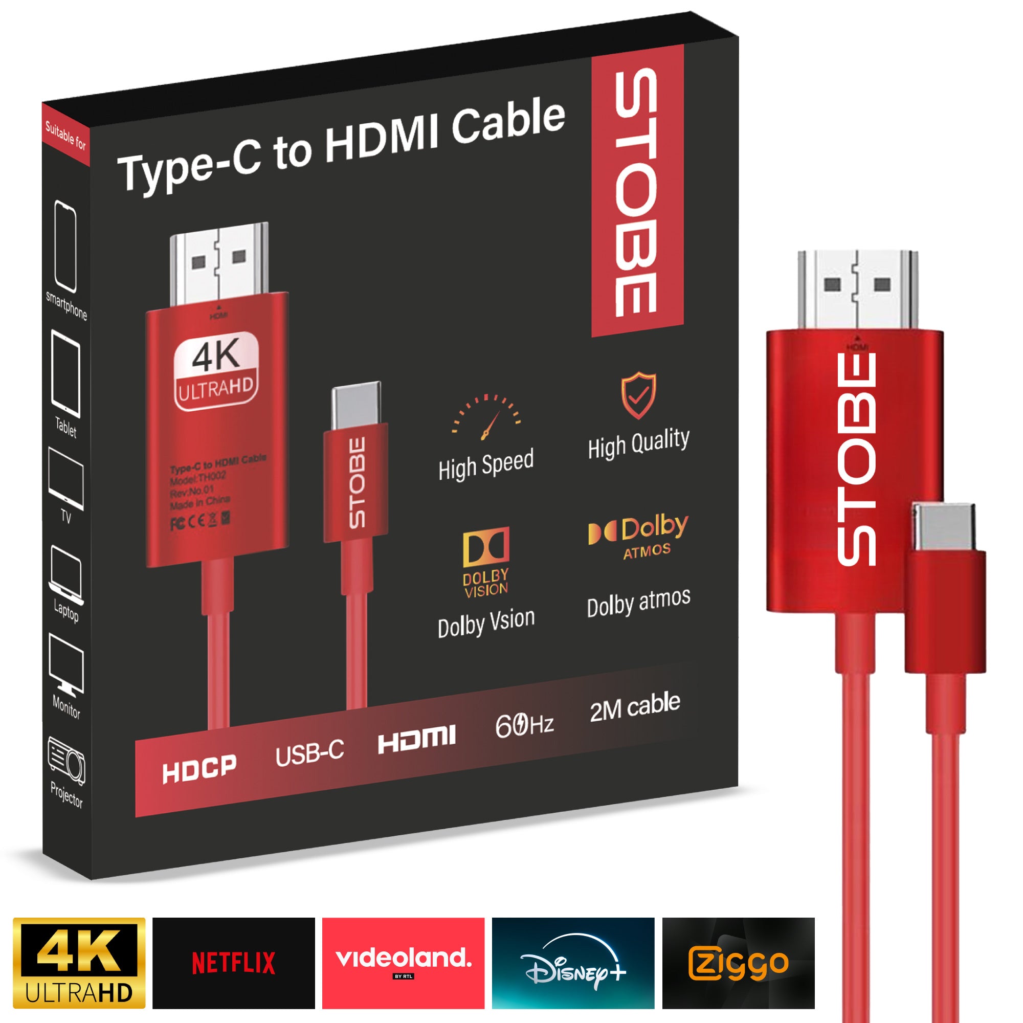 USB-C naar HDMI streaming kabel 4K-60Hz- STOBE - Geschikt voor smartphone, tablet en laptop - STOBE.NL